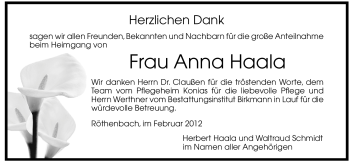 Traueranzeige von Anna Haala von Pegnitz-Zeitung